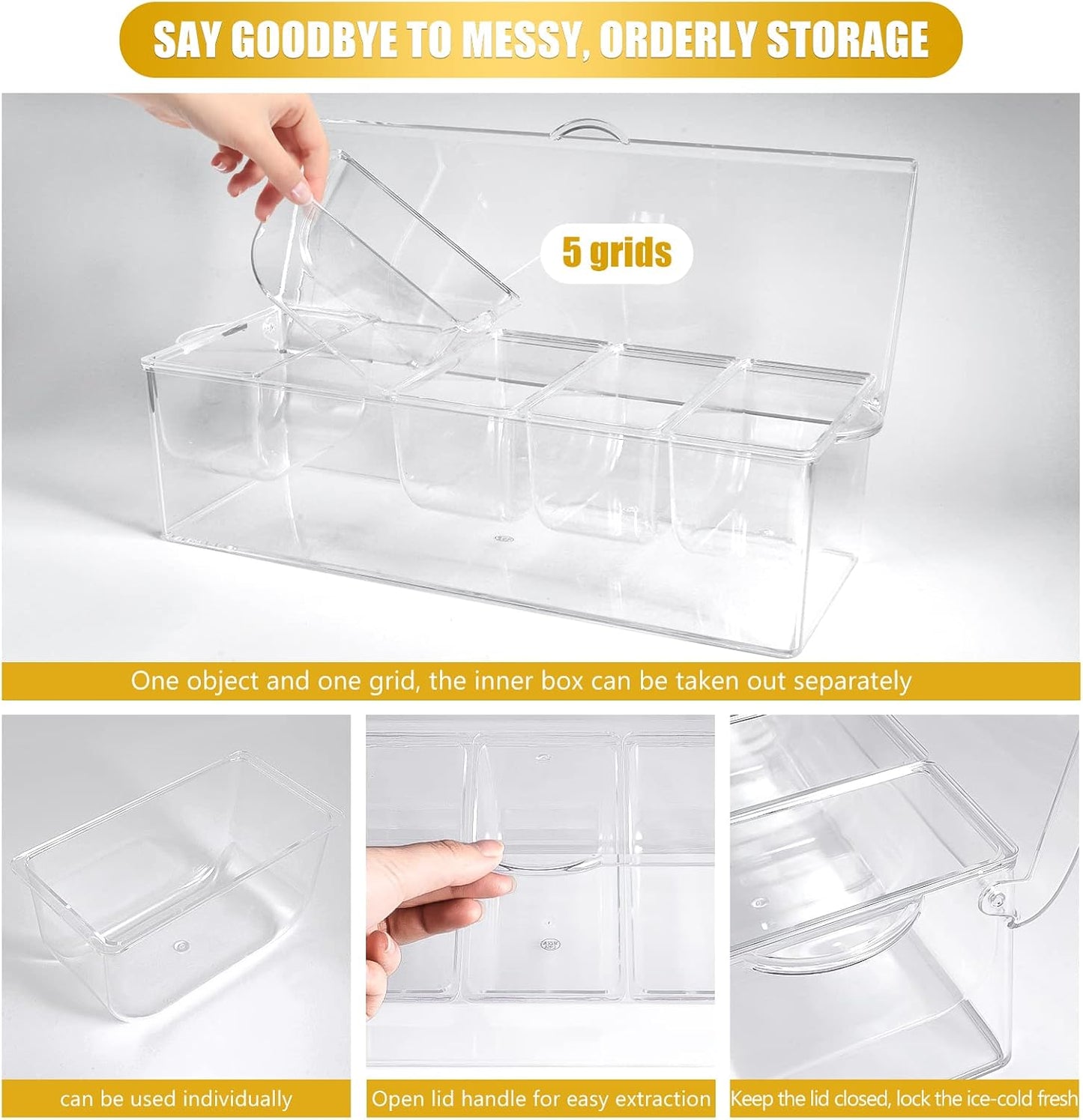 Condiment Tray with Stainless Steel Tableware, Chilled Condiment Server | Bar Accessories with 5 Spoons, 5 Forks and 1 Clip with Removable Trays and Lid