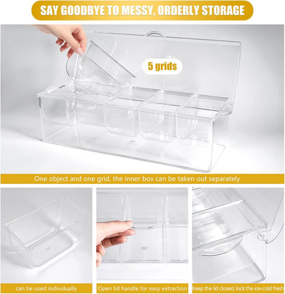 Condiment Tray with Stainless Steel Tableware, Chilled Condiment Server | Bar Accessories with 5 Spoons, 5 Forks and 1 Clip with Removable Trays and Lid