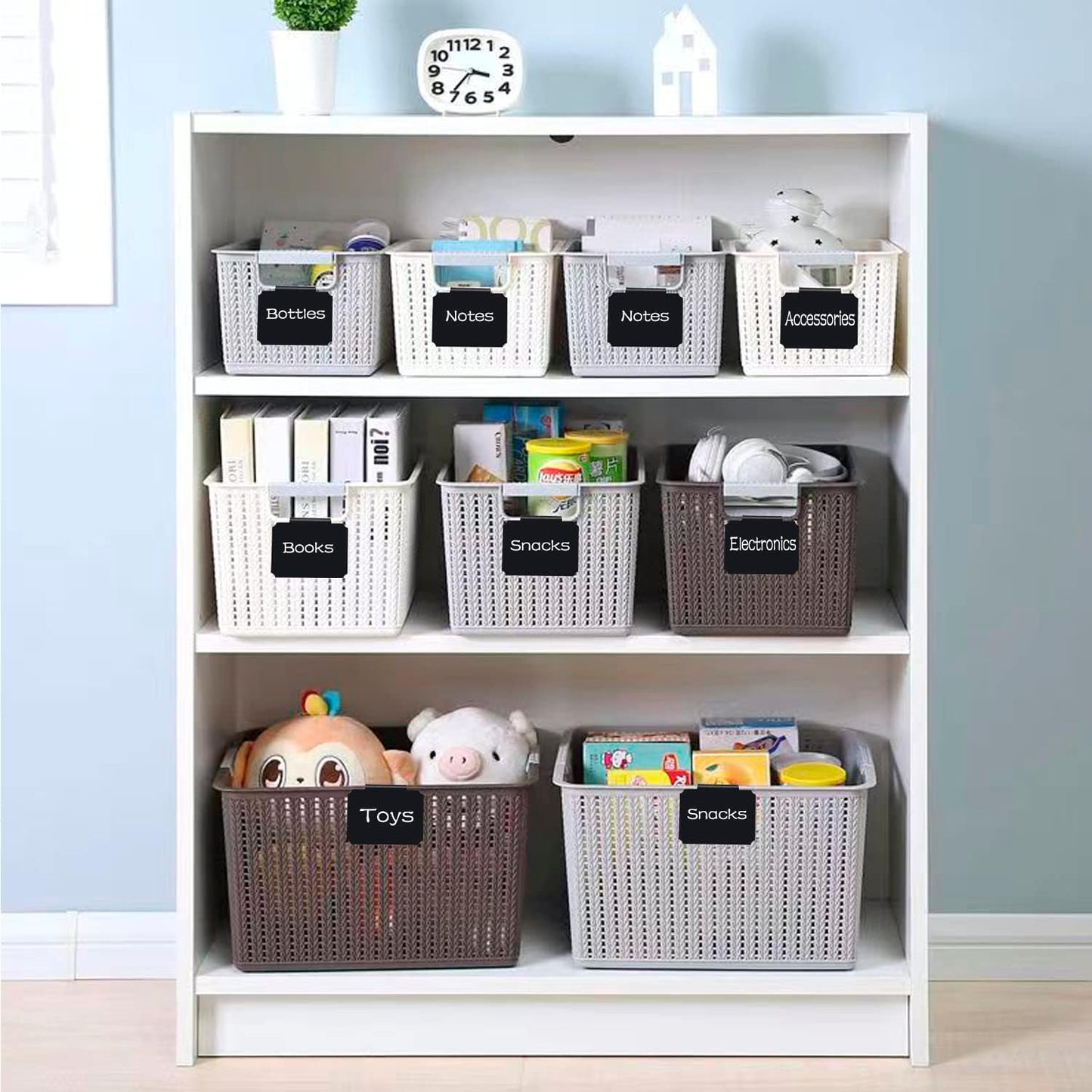 20 Basket Labels Clip On, Reusable Labels for Storage Bins, Removable Chalk Labels for Containers, Kitchen Closet Baskets and Storage Basket Holders with 2 White Chalk Markers