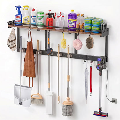 Broom Holder Wall Mount with Shelf, Black, L | 3 in 1 Broom and Mop Organizer, Wall Hanging, For Laundry, Garage, Utility, Vacuum Stand Alternative
