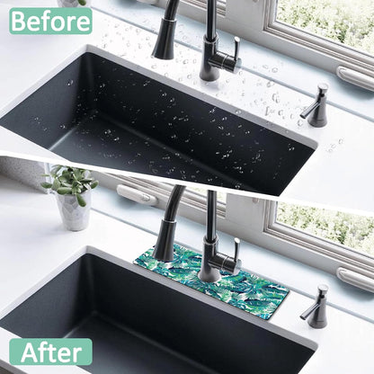 Kitchen Sink Splash Guard Faucet Mat 24" X 5.5" Tropical Leavesl Absorbent Fast Drying Mat Faucet Draining Mat Sink Splash Guard Behind Faucet Drip Catcher for Kitchen Bathroom