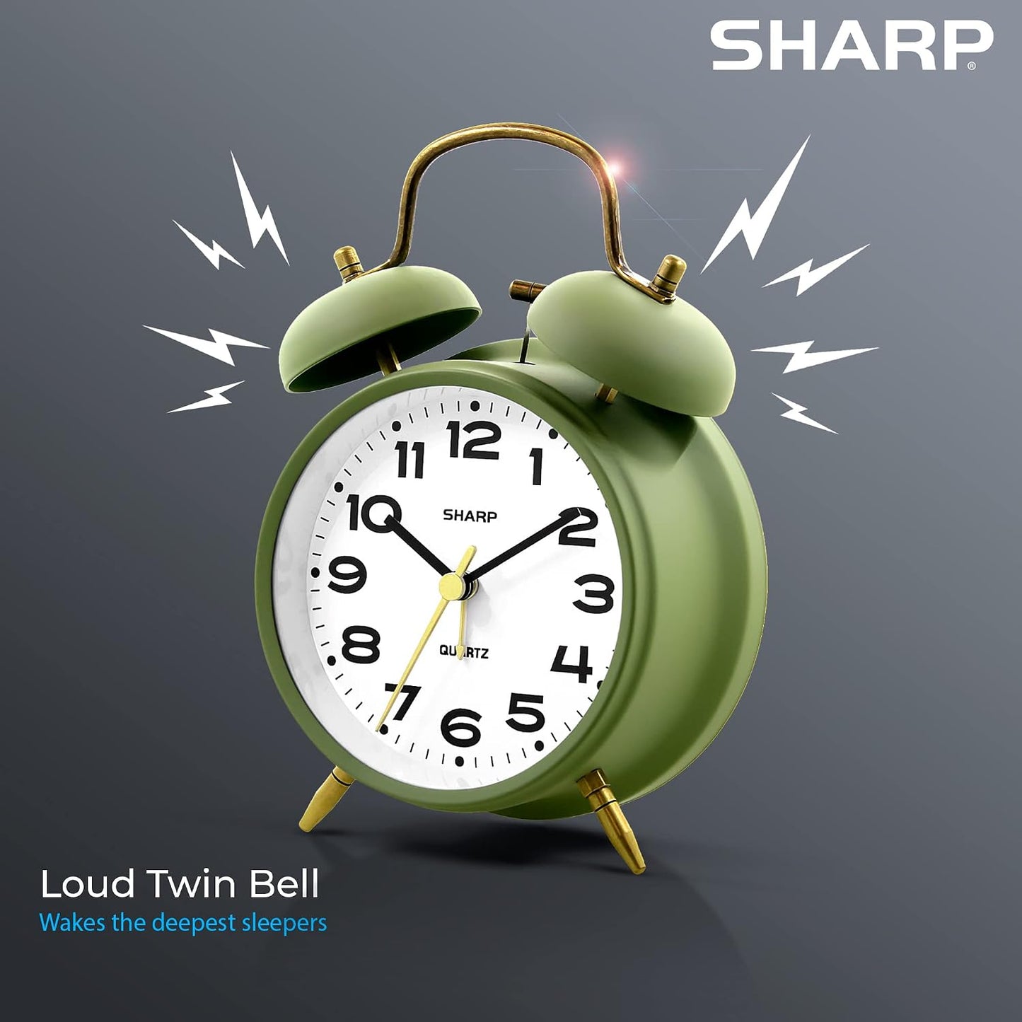 Sharp 4-Inch Twin Bell Alarm Clock for Heavy Sleepers (Matte Navy) | Extra-loud metal bell alarm, quiet quartz movement, press-button backlight, rustic bronze accents, battery operated
