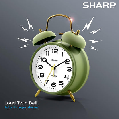 Sharp 4-Inch Twin Bell Alarm Clock for Heavy Sleepers (Matte Navy) | Extra-loud metal bell alarm, quiet quartz movement, press-button backlight, rustic bronze accents, battery operated