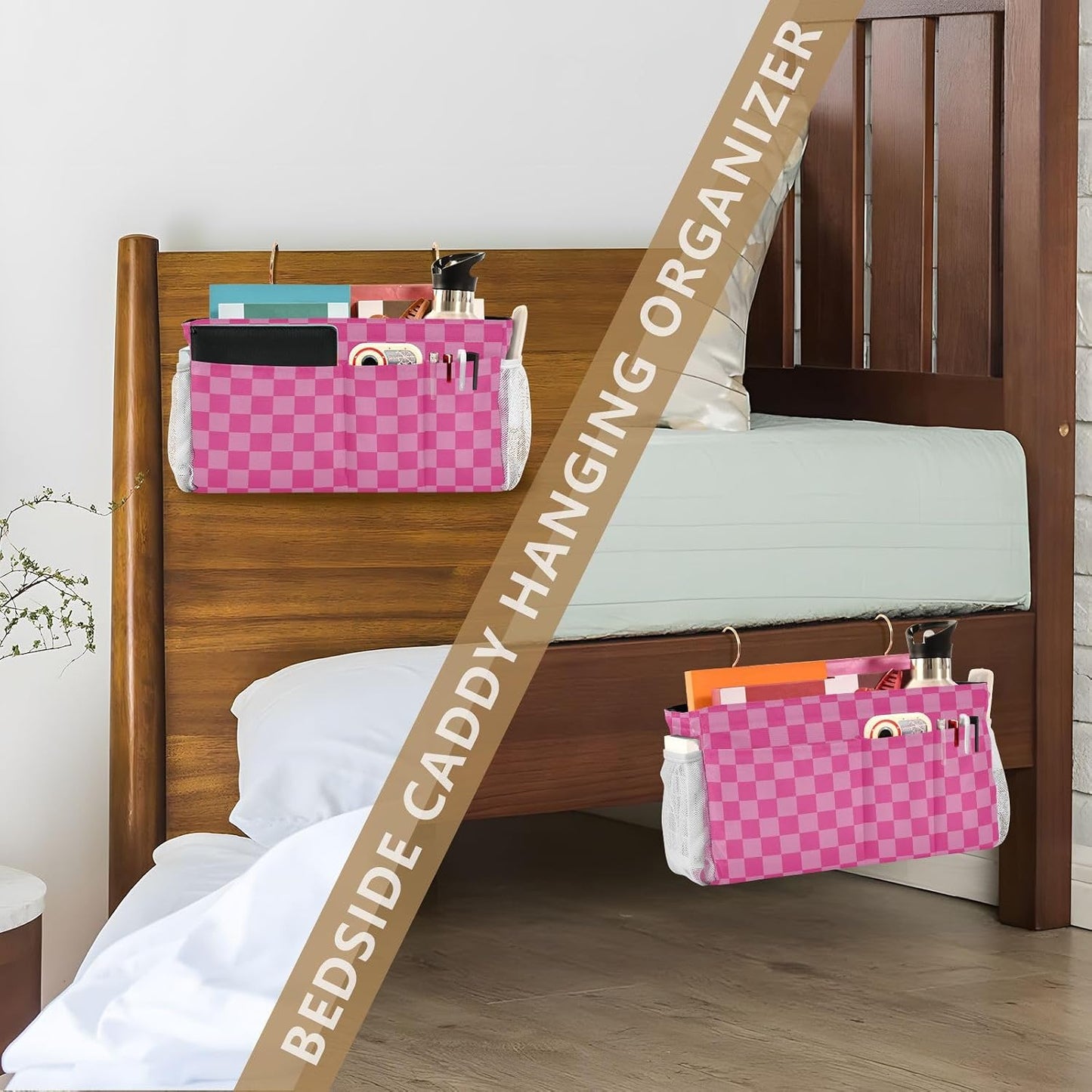 Black Bedside Caddy Storage Bag Bedside Organizer for Bed Rails College Dorm Room Organizer Caddy Hanging Shelf 6 Pockets with Hooks for Drinks Magazine Phone Holder