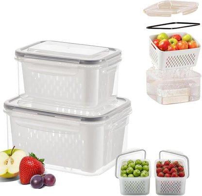 4 in 1 Food Storage Container-2/3 Pack Set with Lids, Fruit Storage Containers for Fridge with Removable Colander,Stackable Fridge Transparent Plastic Storages Box, Dishwasher Safe (Gray, S+M+L)