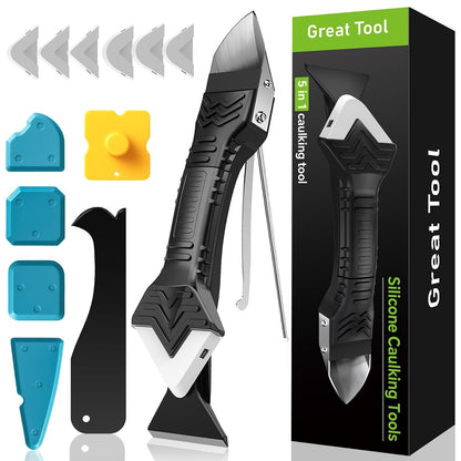 5 in 1 Silicone Caulking Tool Kit, Caulk Remover Tool with Stainless Steel Head,Caulk Finishing Tool with Different Angles,Grout Removal Tool for Kitchen Sink Washroom Floor Bathroom Toilet Caulking