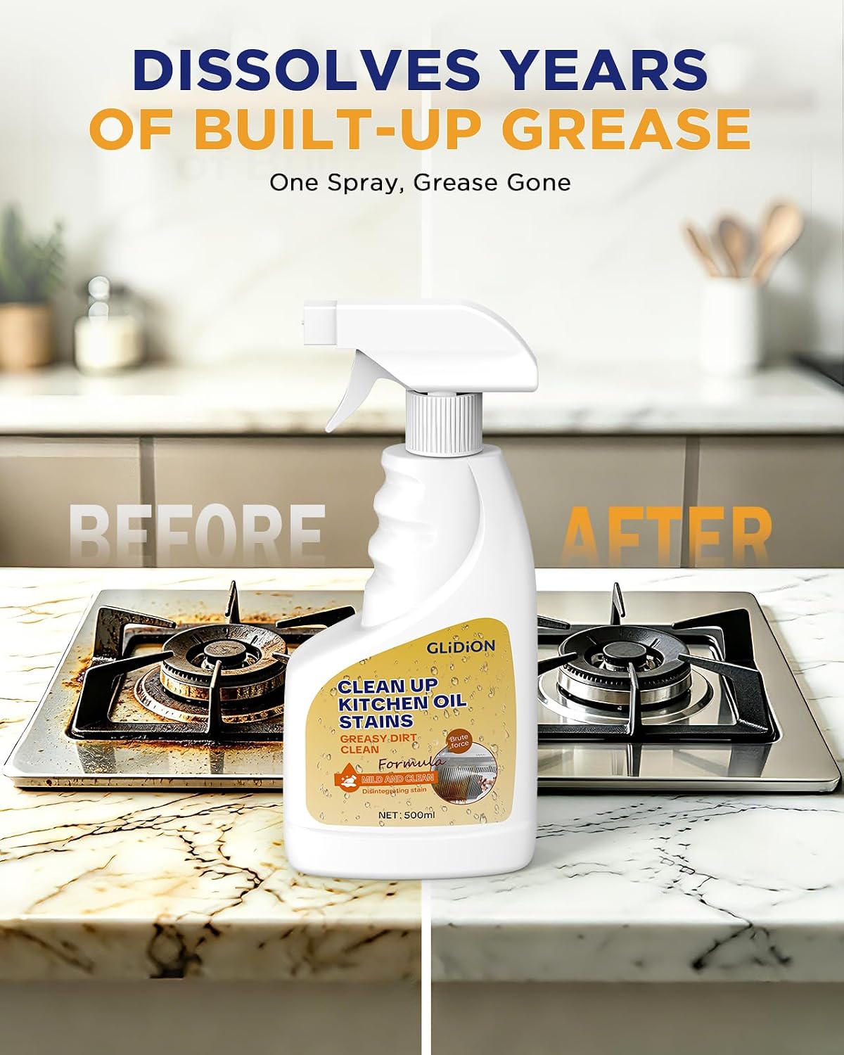 Heavy Duty Kitchen Degreaser Spray with Foam Sprayer, 16.9 Fl Oz | Multi-Purpose Grease Remover, Safe Non-Corrosive Formula, Works For Range Hood, Stove, Countertop, Microwave