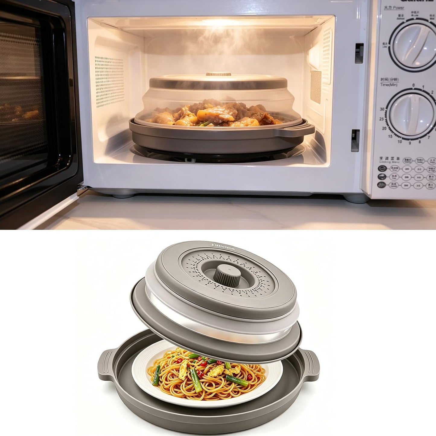 10.6" Microwave Splatter Cover with Anti-Scald Base Mat, Collapsible Food Cover for Plates & Bowls, BPA-Free Silicone Guard Lid with Vented Holes, Dishwasher Safe Kitchen Essential Gadgets