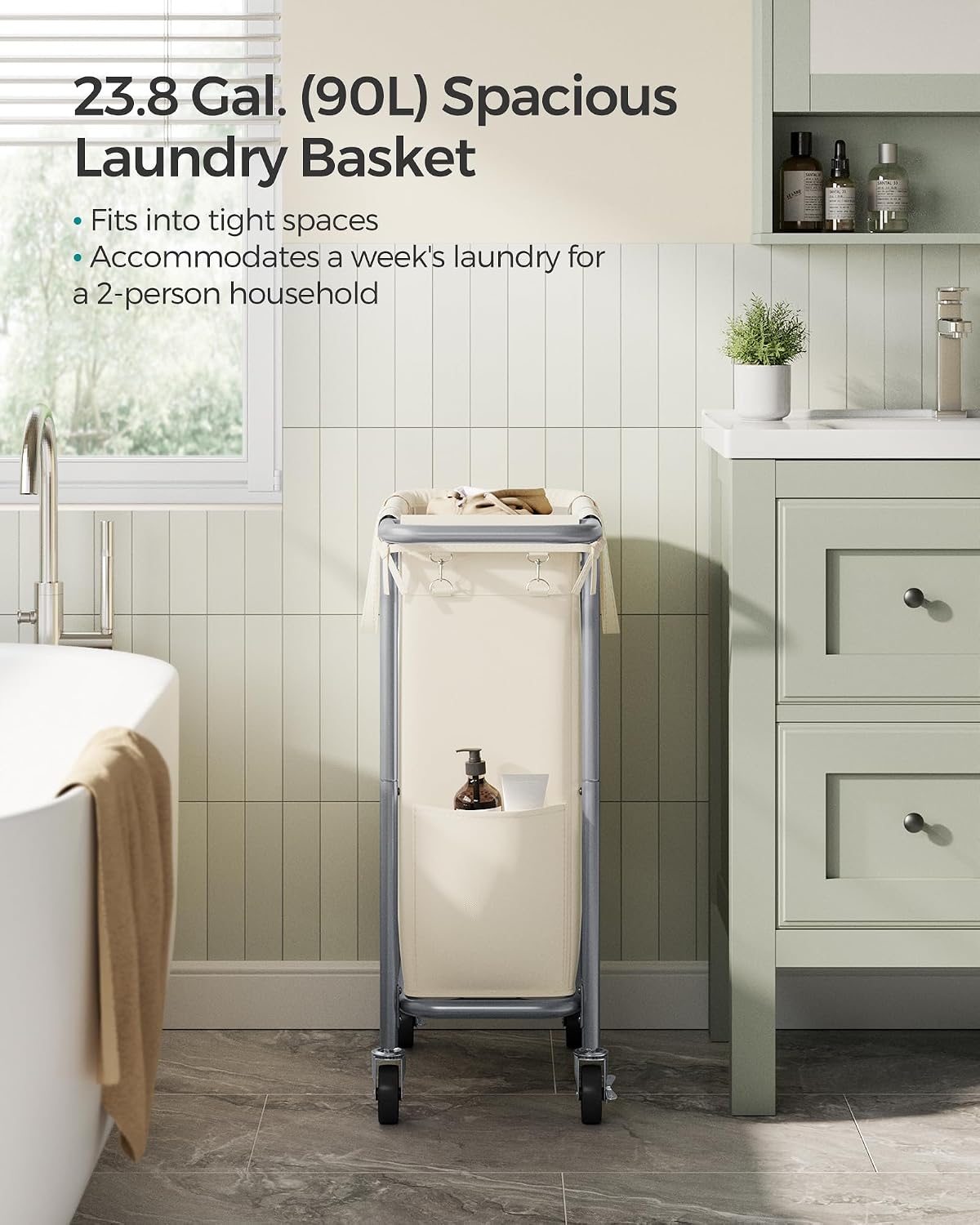 SONGMICS Laundry Basket with Wheels, 4-Section Rolling Laundry Hamper, 68.6 Gallons (260 L), Removable Liner, Steel Frame with Handle, 43.3 x 15.4 x 31.9 Inches, Cream White URLS014W01