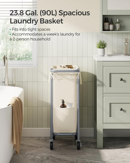 SONGMICS Laundry Basket with Wheels, 4-Section Rolling Laundry Hamper, 68.6 Gallons (260 L), Removable Liner, Steel Frame with Handle, 43.3 x 15.4 x 31.9 Inches, Cream White URLS014W01