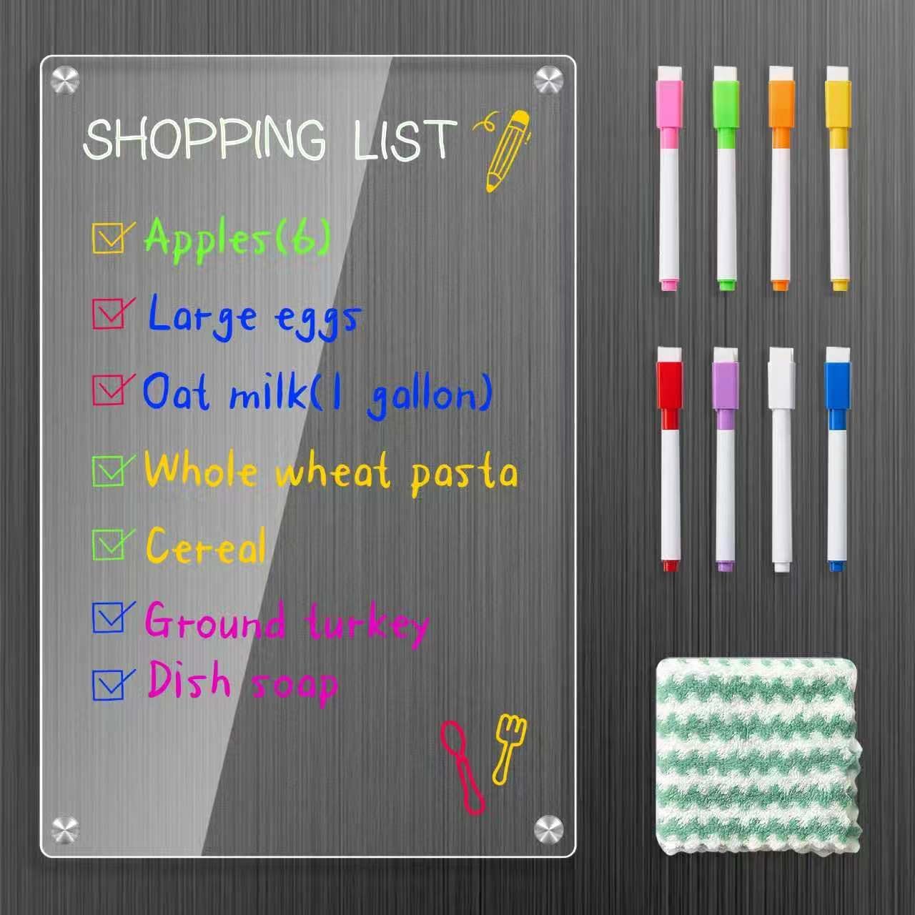 1pack Acrylic Magnetic Fridge Whiteboard,Clear Dry Erase Menu Board, White | Meal Planner With 8 Bright Markers & 1 Towel, To Do List, Planner Board & Grocery List For Kitchen Organization