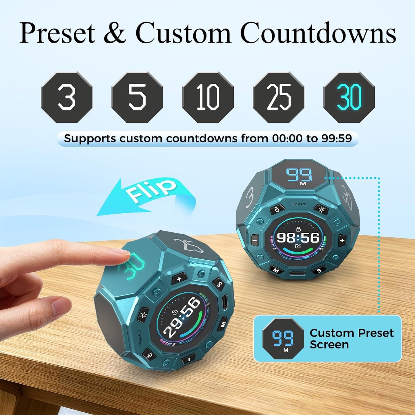 TIMARO Flip Pomodoro Timer with 3/5/10/25/30 Min Presets | Magnetic Productivity Timer with Custom Countdown & Stopwatch, Visual Focus clock for Study, Work, ADHD & Kitchen