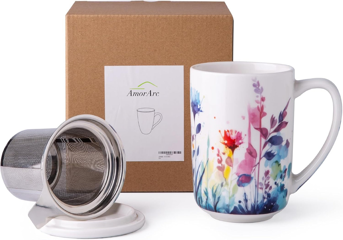 AmorArc Tea Cup With Infuser and Lid, 18oz Loose Leaf Tea Mug With Steeper | Porcelain Tea Mug With Infuser and Lid, Large Strainer Tea Cup with Lid for Tea, Coffee Mug for House-warming Birthday Gift