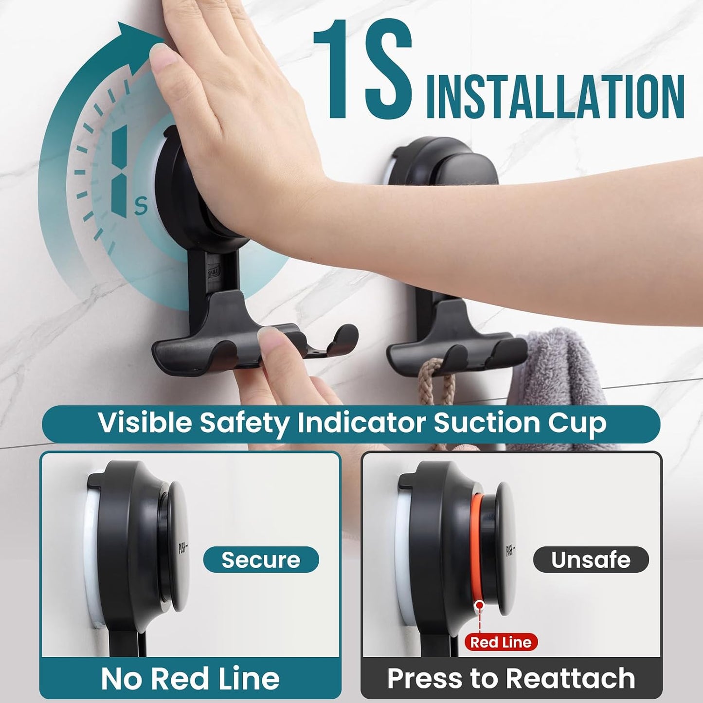 TAILI 2 Pack Upgraded Suction Cup Razor Holder for Shower Waterproof, Black | Visible Safety Indicator, Rust-Resistant Bathroom Organizer, No-Drill Glass Shower Wall Hook for Towel,Loofah,Razor,Squeegee