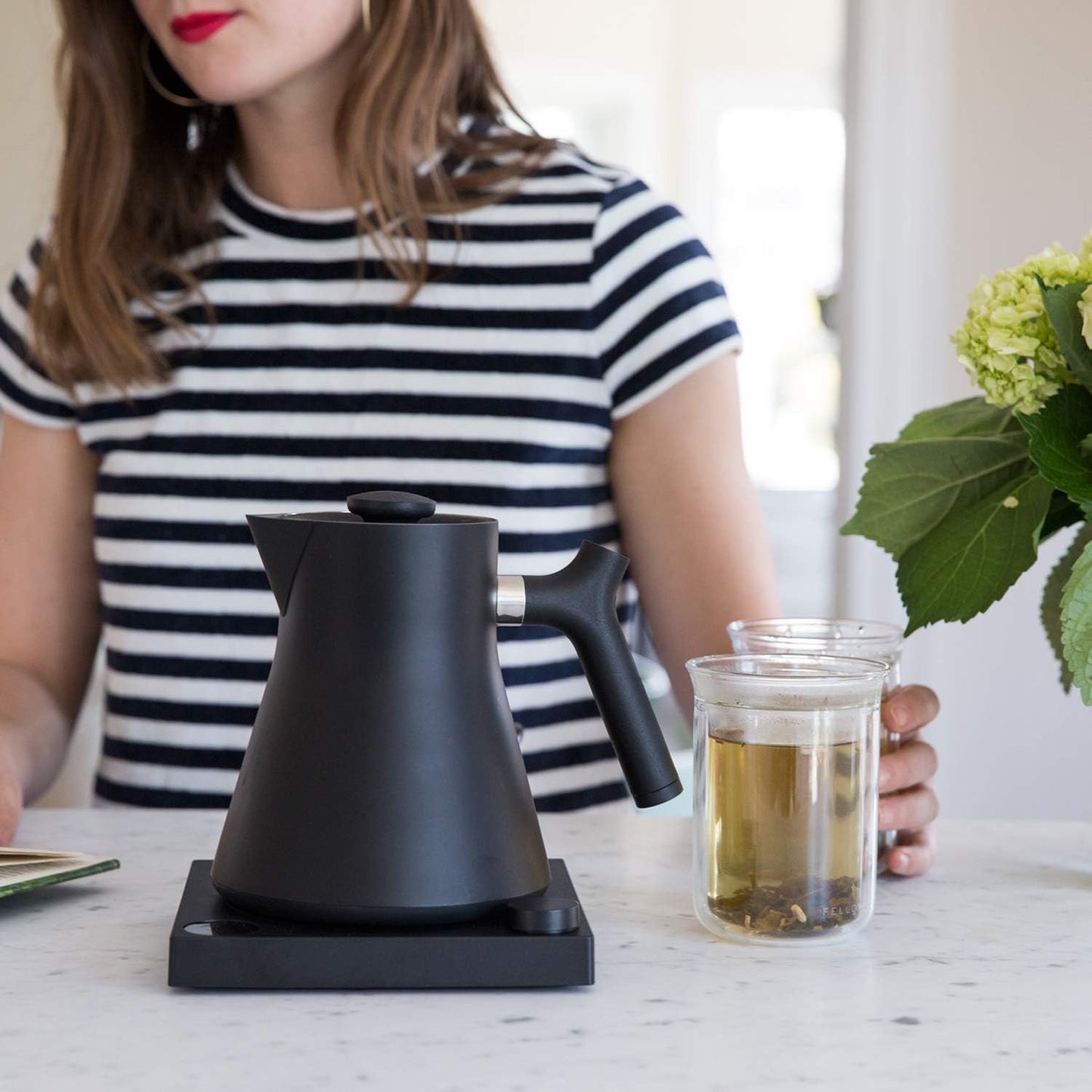 Fellow Corvo EKG Pro Electric Kettle for Tea & Coffee, 0.9 Liter | Precision Temp Control, Stainless Steel, Brew Timer, Smart Scheduling, Wide Spout, Quick Heating, Matte White, Maple Handle