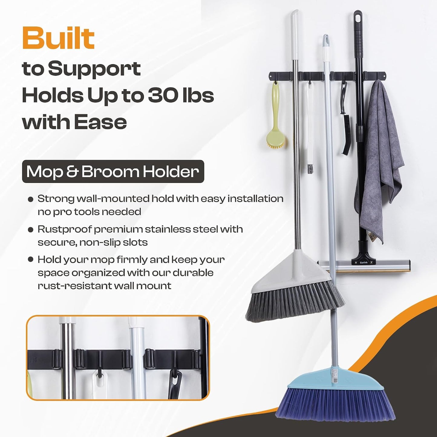 Stainless Steel Broom Holder Wall Mount, 3 Racks & 4 Hooks | Waterproof organizer for mops, brooms, tools and garden equipment, adjustable wall storage, black