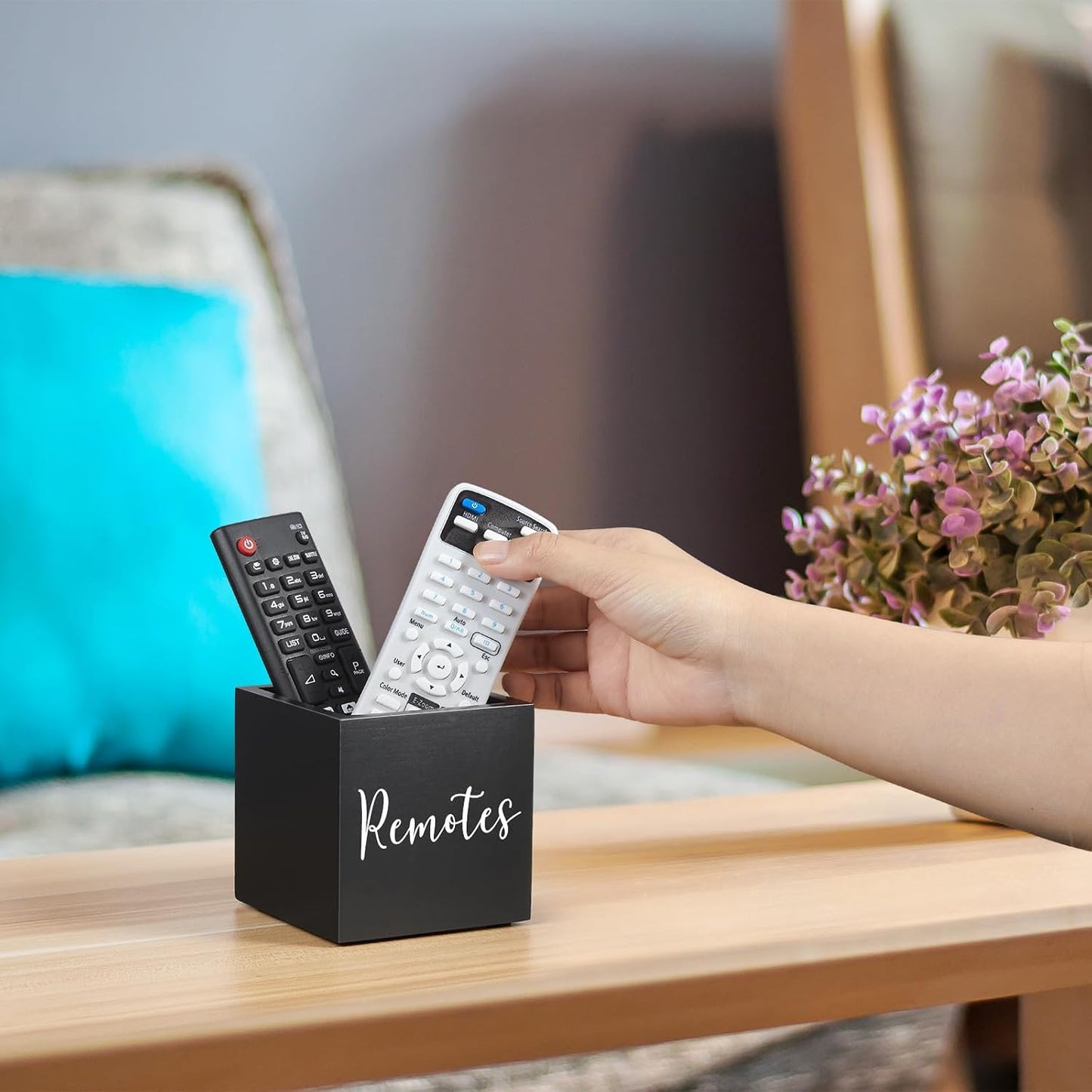 DRASTAR Remote Control Holder, Wood TV Remote Holder, Remote Storage Caddy, Remote Control Organizer (Black, 2 Slots)