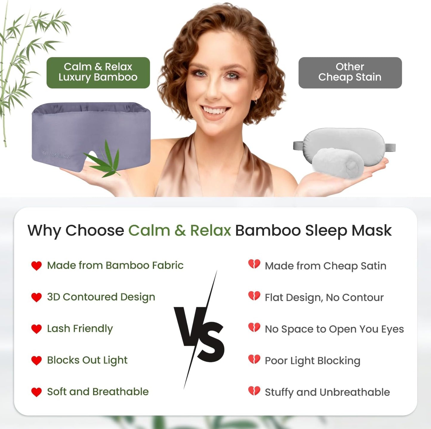 Calm&Relax Bamboo Sleep Mask - Cooling 3D Eye Mask, Lash Friendly,White | Total Blackout 3D Contoured Eye Mask for Travel, Home, Yoga - Adjustable Soft Viscose Night Blindfold for Side Sleepers