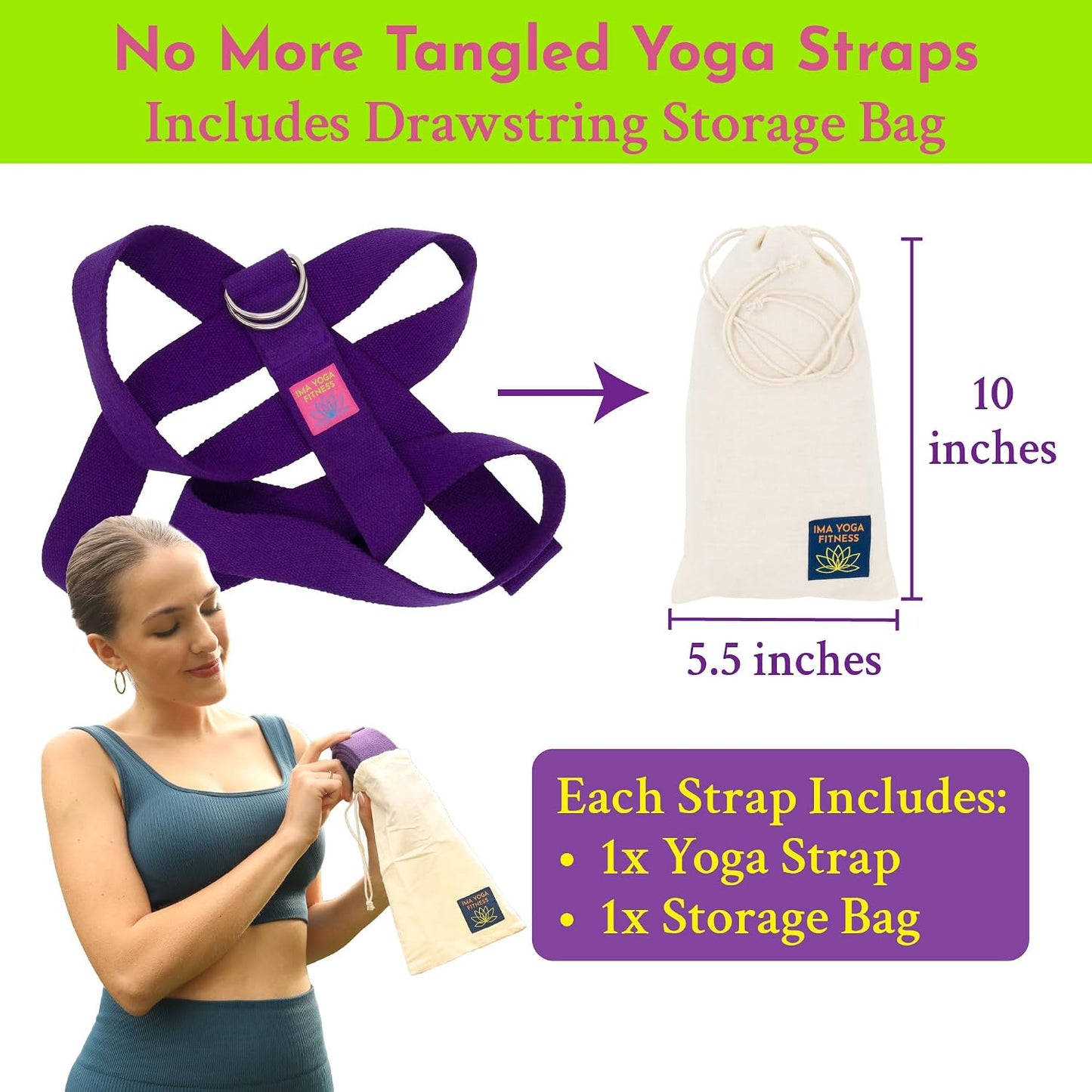 Adaptive Yoga Strap for Stretching - Extra-Wide 2 Inches 100% Cotton Stretch Strap with Steel D-Rings for Physical Therapy, Pilates & Flexibility - Storage Pouch & E-Book