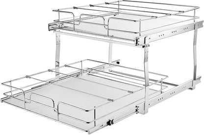 VEVOR Pull Out Cabinet Organizer, 14" Wx21.2 Dx15.2 H Heavy 2 Tier Duty Slide Out Pantry Shelves, Chrome-Plated Steel Roll Out Drawer for Under Sink, 15.5" Wx22.5 Dx19 H Install Size for Cabinet