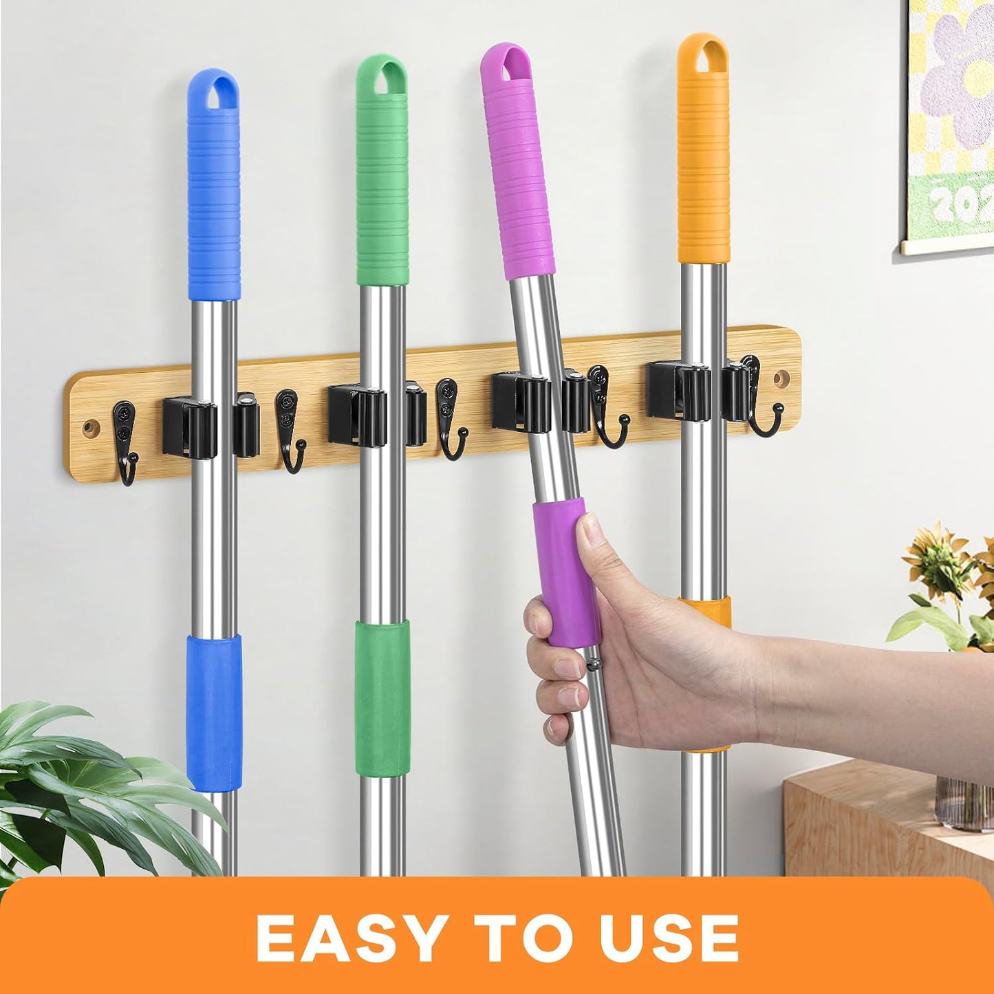 IMILLET Broom Holder Wall Mount, Rustic Broom Hanger for Laundry Room | Wood Broom and Mop Organization and Storage, Mop Holder for Home Decor, Garden, Garage, Closet, 5 Racks and 4 Hooks, Brown