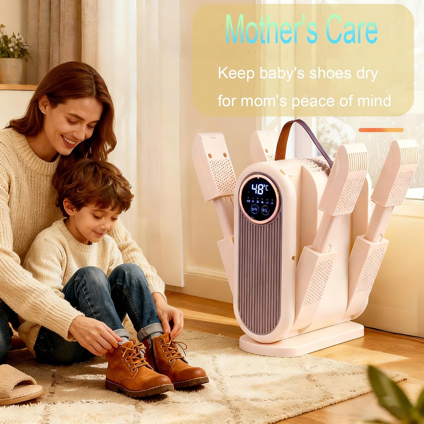 Portable Boot Dryer Folds for easy storage Constant-temperature dehumidification Features aromatherapy deodorization 360-minute timer 4 boot heaters Suitable for work boots ski boots sneakers socks