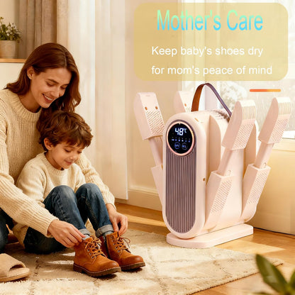 Portable Boot Dryer Folds for easy storage Constant-temperature dehumidification Features aromatherapy deodorization 360-minute timer 4 boot heaters Suitable for work boots ski boots sneakers socks