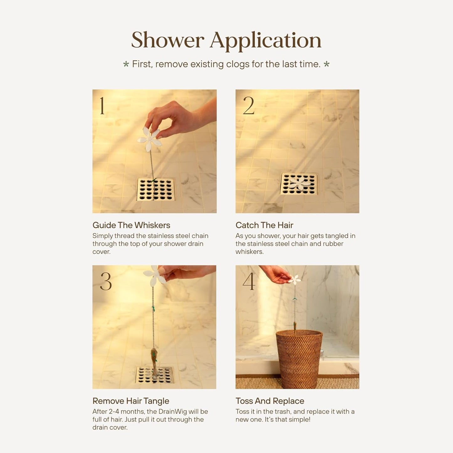 Shower Drain Hair Catcher – Disposable Bathroom Hair Trap, Easy to Install in Shower Drain Cover, Helps Prevent Clogs – As Seen on Shark Tank – Silver Flower (4-Pack)
