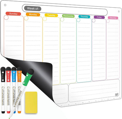 Magnetic Calendar for Fridge, Dry Erase Weekly Planner, 13" x 16.9" | Strong Magnetic Hold, Vertical Weekly Layout, Large Daily Spaces, Easy to Clean, Color-Coded, Dual-Magnet Markers & Eraser