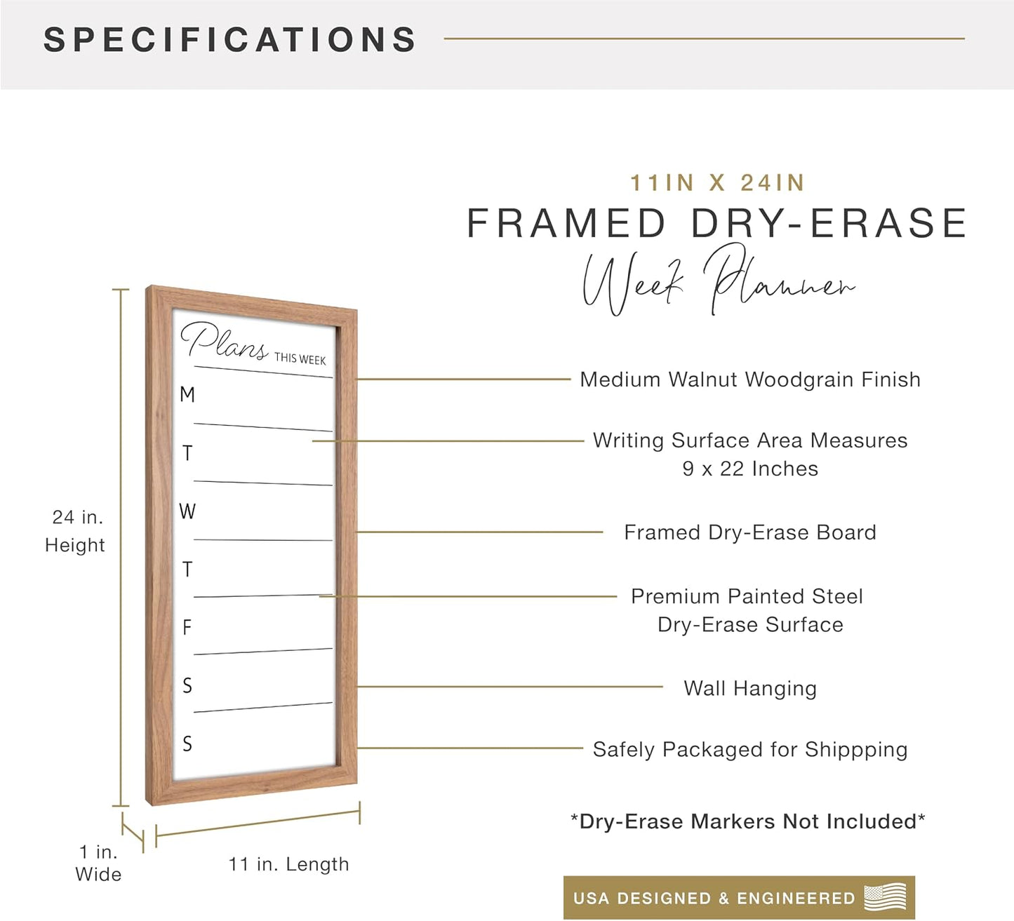 MCS Dry Erase Weekly Meal Planner Black Framed Calander Whiteboard, 11x24 | Dry Erase Weekly Meal Planner Black Framed Calander Whiteboard Frame, 11x24 Inch