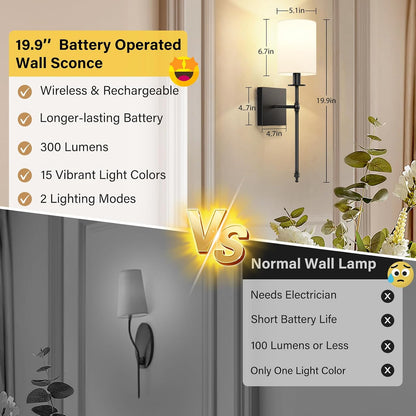 Battery Operated Wall Sconces Set of 2, Rechargeable Sconces with Remote