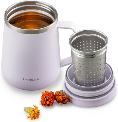 LocknLock Metro Tea Mug Mint 13oz/400ml, Tea and Coffee Mug Cups with Tea Infuser Strainer, Lid and Handle, Double Wall Stainless Steel Vacuum Insulated Travel Tumbler