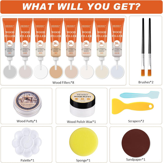 SEISSO Furniture Repair Kit, 18 Colors Touch Up Markers and Wood Filler Sticks with Wood Polish Wax - Furniture Touch Up Kit Cover Up Scratches, Stains, Holes for Wooden Table, Cabinet, Floors, Door