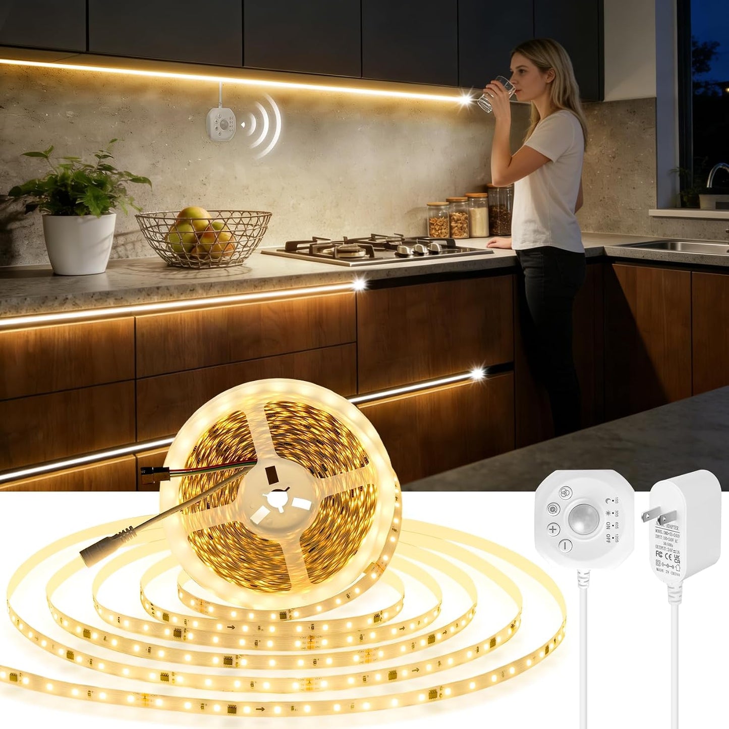 Motion Sensor LED Strip Lights 32.8ft 6500K White with Running Water Effect | Cool white running water flowing motion activated led stair lights, dimmable & auto-off timer,24v for kitchen,corridor,indoor