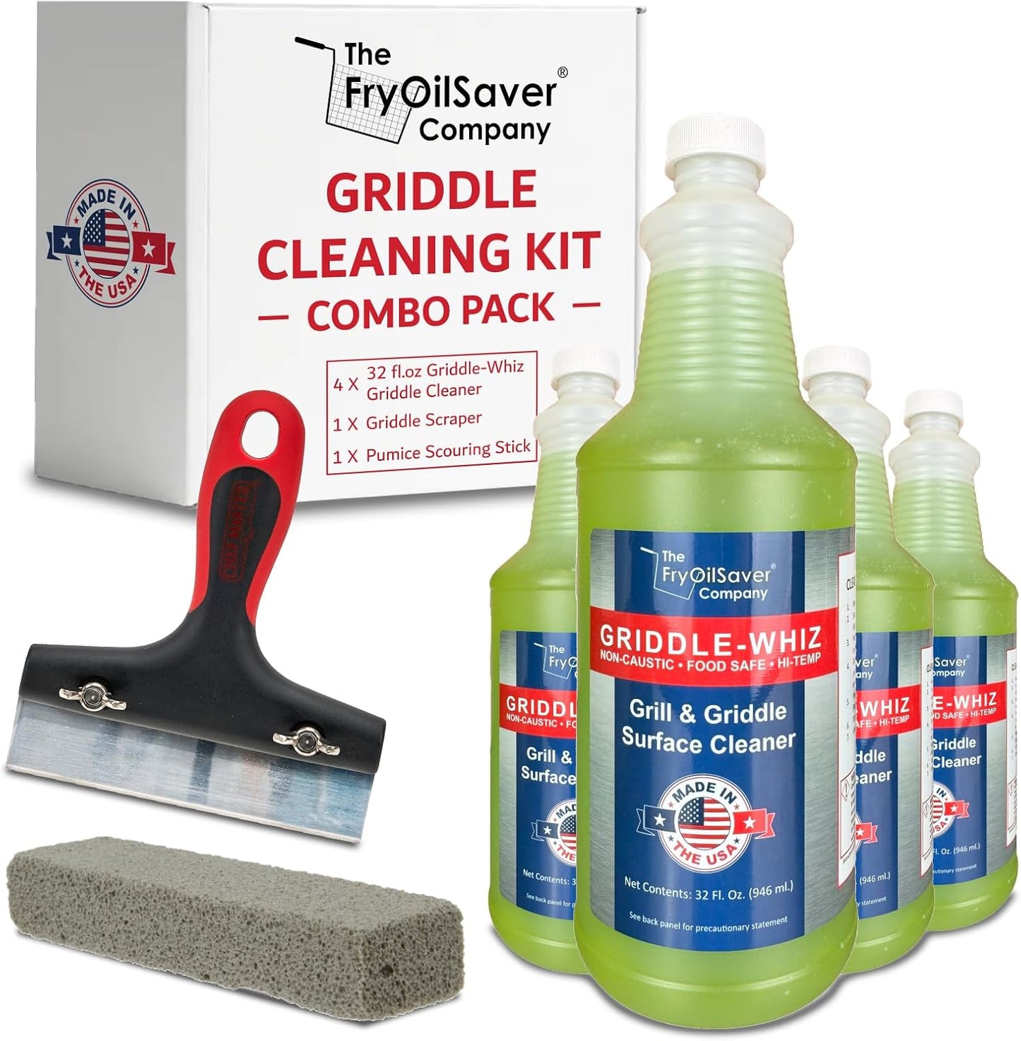 Griddle-Whiz Grill & Griddle Cleaner (4-Pack) | Removes Grease, Food Residue, Burnt On Organics | High Heat Flat Top Grill Cleaner, Food Contact Surface | Non-Caustic Formula by FryOilSaver (32oz)