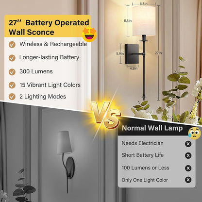 Battery Operated Wall Sconces Set of 2, Rechargeable Sconces with Remote