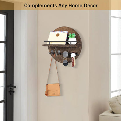 Key Holder for Wall Decorative with Shelf and Hooks, Mail Organizer Wall Mount with Sunglasses Holder, Circular Design Entryway Key Rack Hanger, Rustic Home Decor Boho Wall Decor (White)