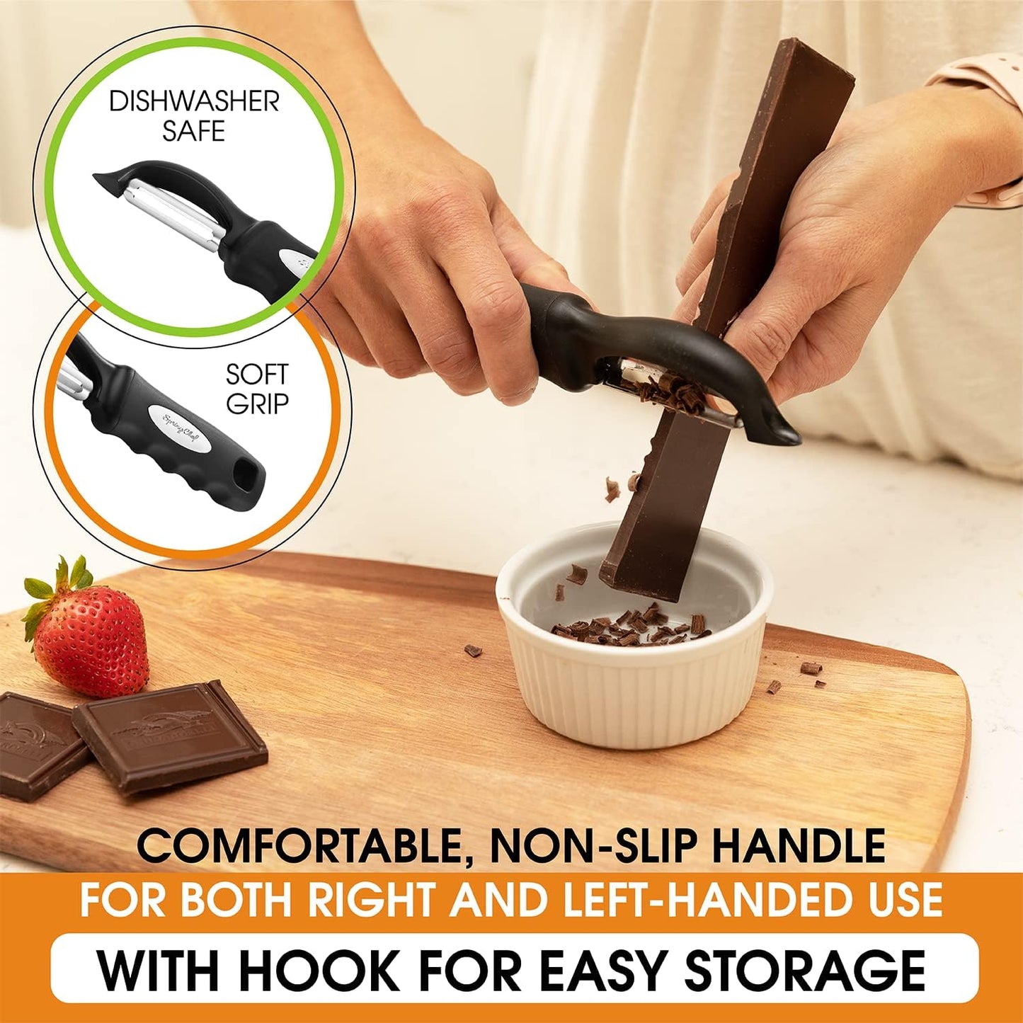 Spring Chef Swivel Vegetable Peeler for Kitchen w/Soft Grip Handle, Black | Premium Potato Peeler w/ Ultra Sharp Stainless Steel Blades, Multifunctional Veggie Peeler for Apple, Carrot, Cucumber, Fruit
