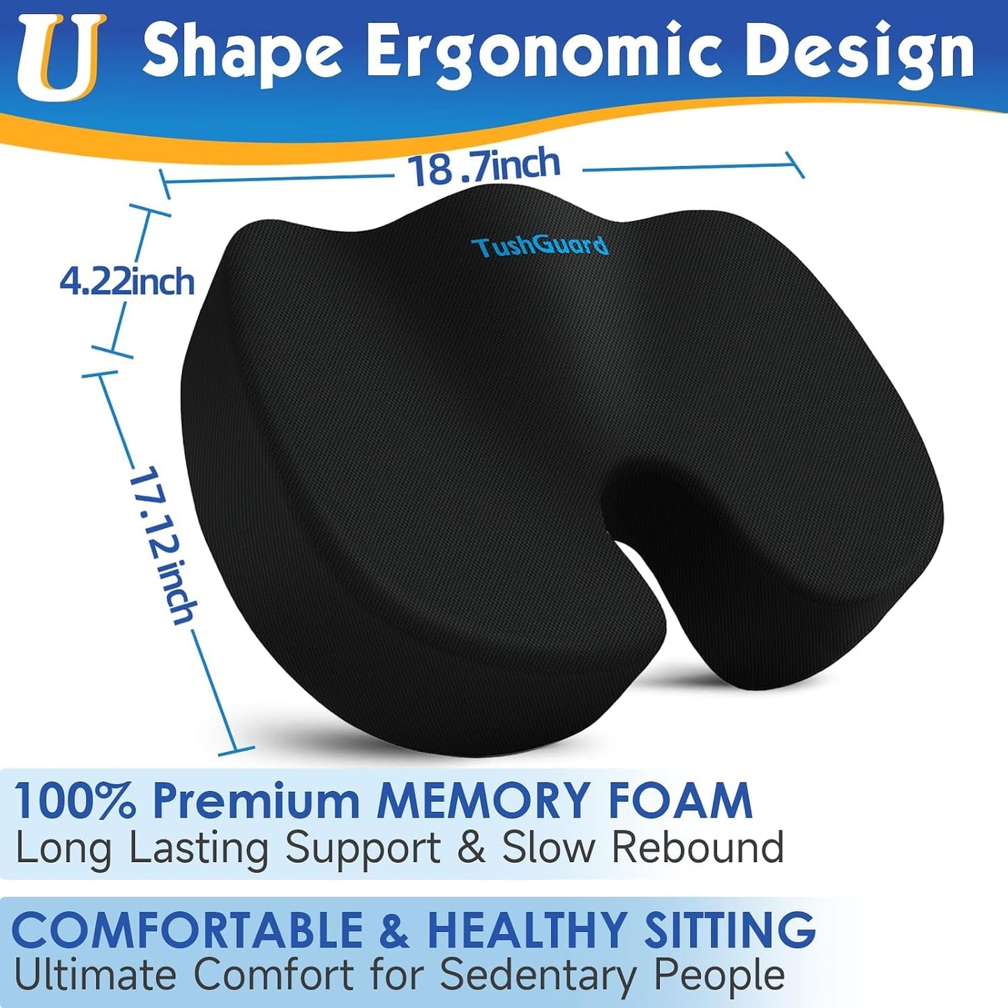 TushGuard Seat Cushion for Office Chair, Car, Memory Foam, Black Large | For Back, Coccyx, Sciatica, Tailbone Pain, Ergonomic Design, Non-Slip, Desk Wheelchair Use, Supportive Butt Pillow, For Man