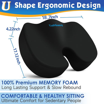 TushGuard Seat Cushion for Office Chair, Car, Memory Foam, Black Large | For Back, Coccyx, Sciatica, Tailbone Pain, Ergonomic Design, Non-Slip, Desk Wheelchair Use, Supportive Butt Pillow, For Man