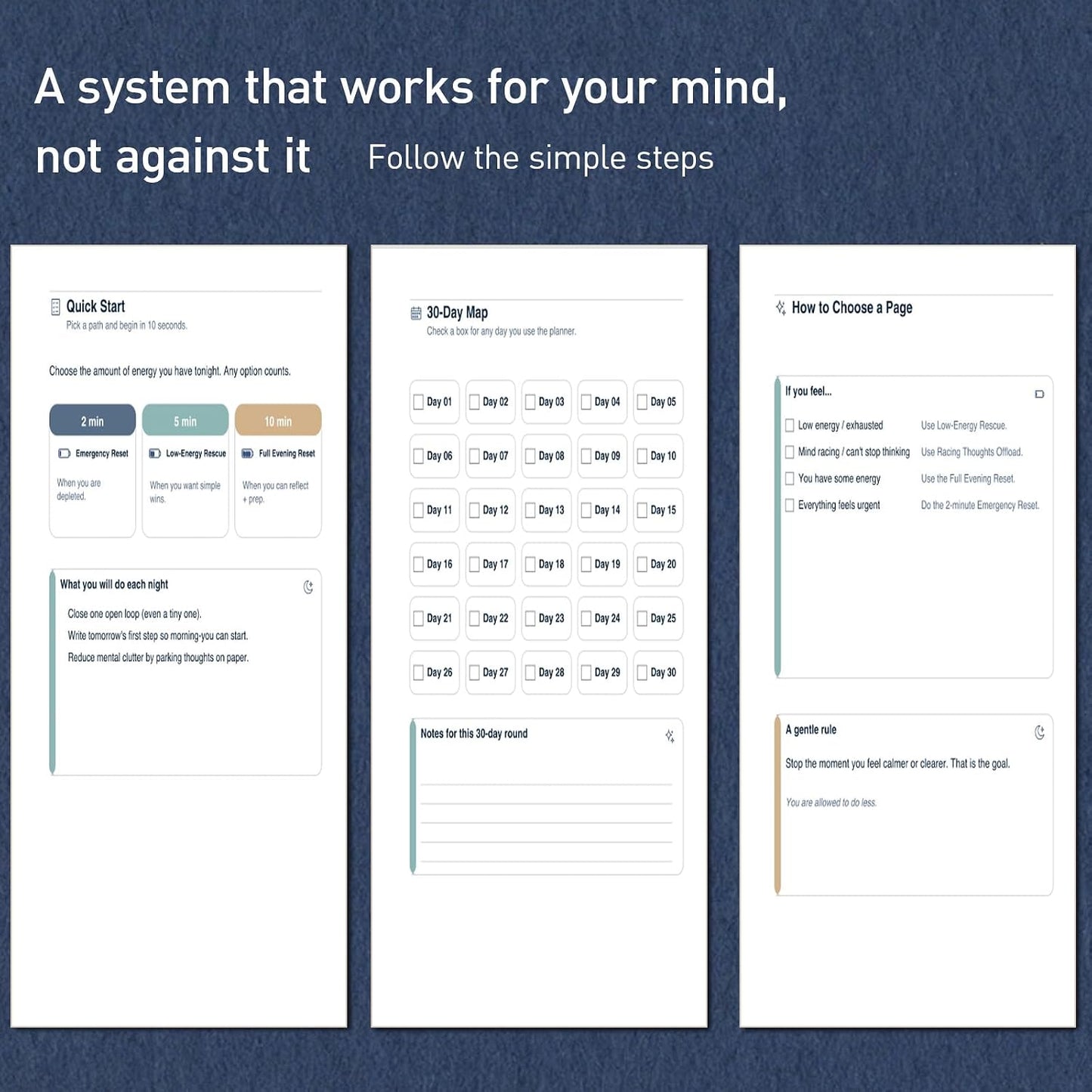 ADHD Evening Reset Planner (Undated) – 30-Day Night Routine Journal & Checklist, Calm Your Mind Before Bed, 2/5/10-Min Reset System, Brain Dump for Racing Thoughts, For Adults & Teens