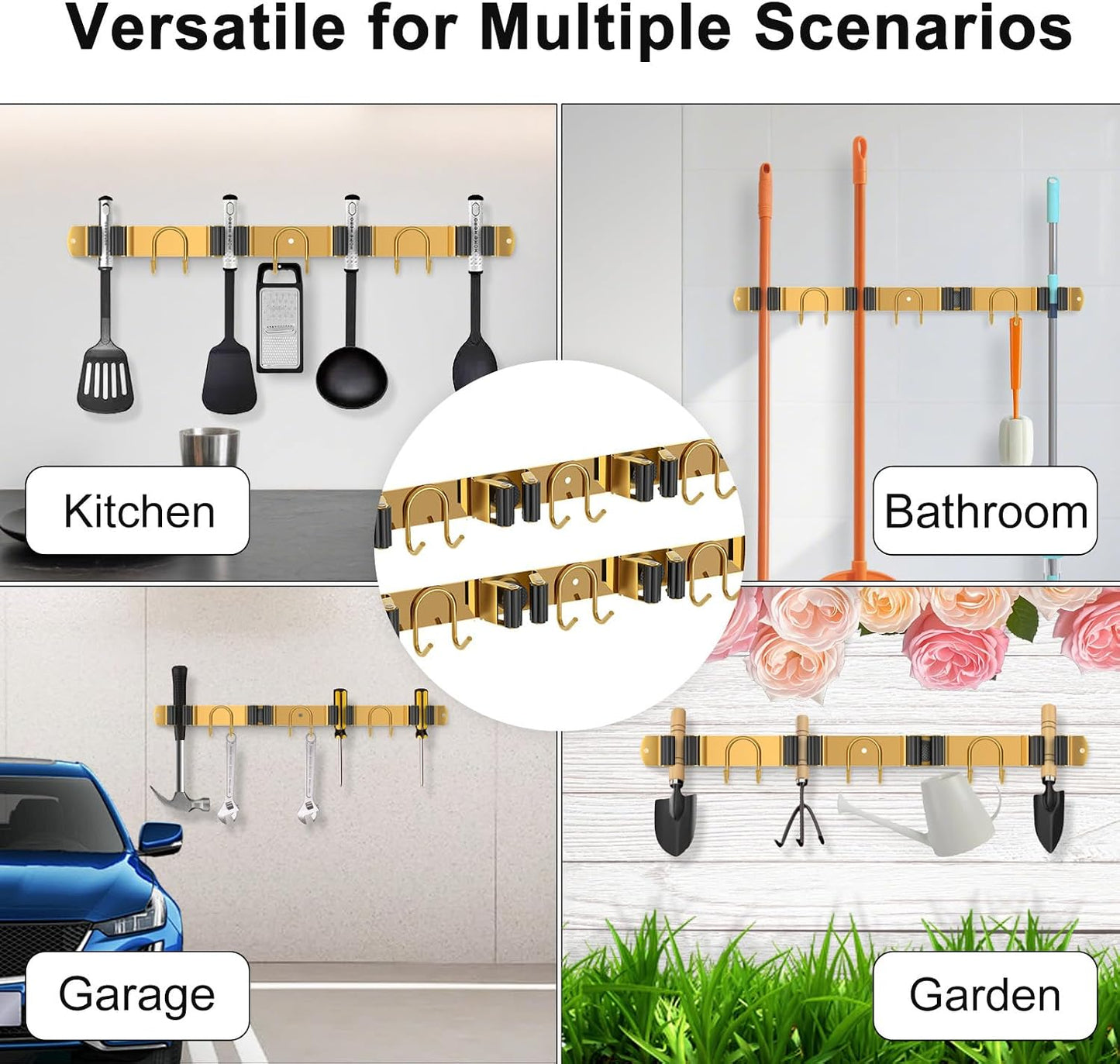 Mop Broom Holder Wall Mount, Gold Stainless Steel Tool Storage Organizer for Kitchen Garden Garage Laundry Room Bathroom and RV with 4 Slots 6 Hooks
