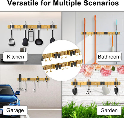 Mop Broom Holder Wall Mount, Gold Stainless Steel Tool Storage Organizer for Kitchen Garden Garage Laundry Room Bathroom and RV with 4 Slots 6 Hooks