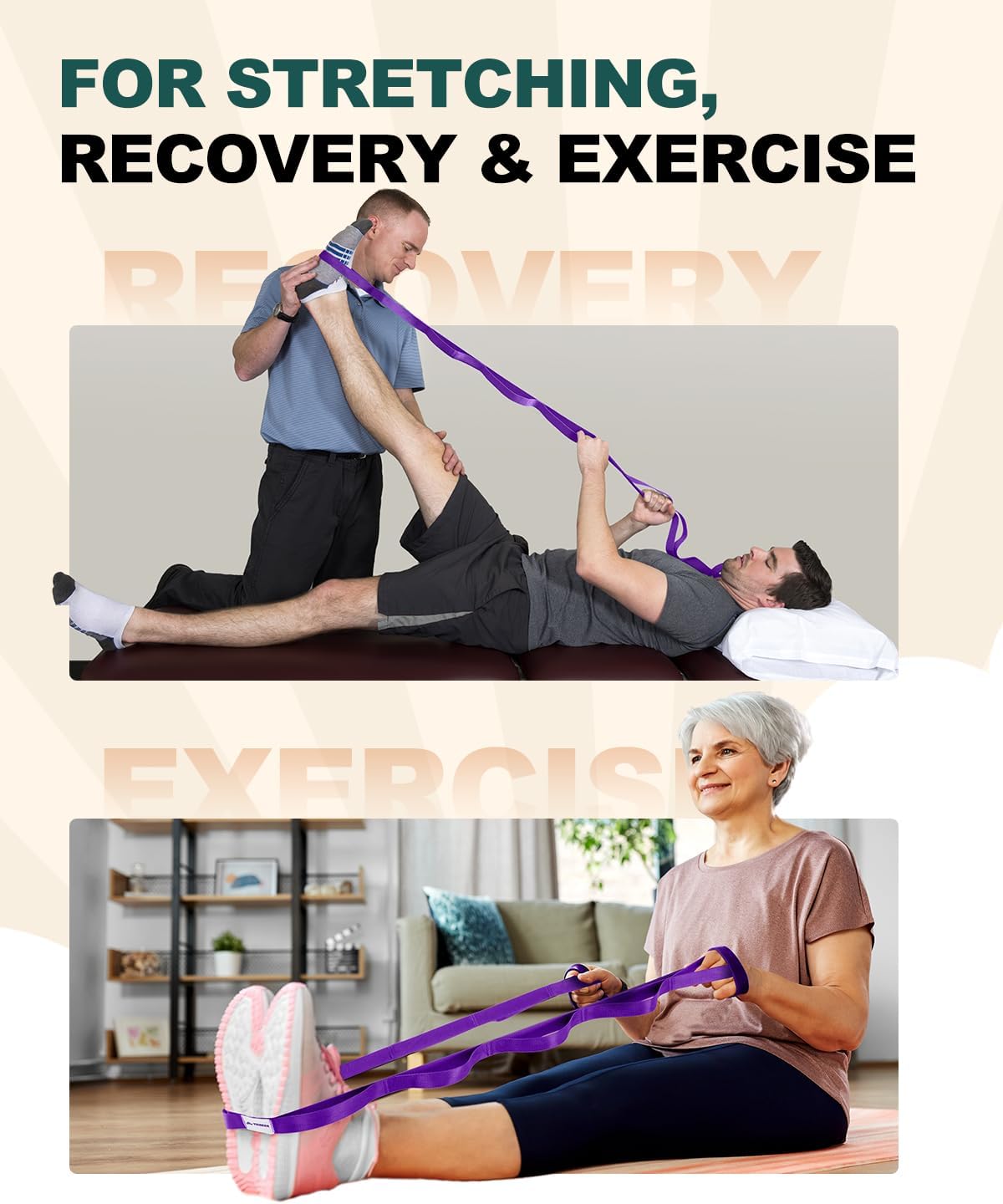 Trideer Non-Elastic Stretching Strap with Loops for Physical Therapy & Rehab, Knee Hip Leg ROM Post-Surgery, Yoga Strap for Stretching, Leg Lifter Strap Mobility Aid, Hamstring Calf Back