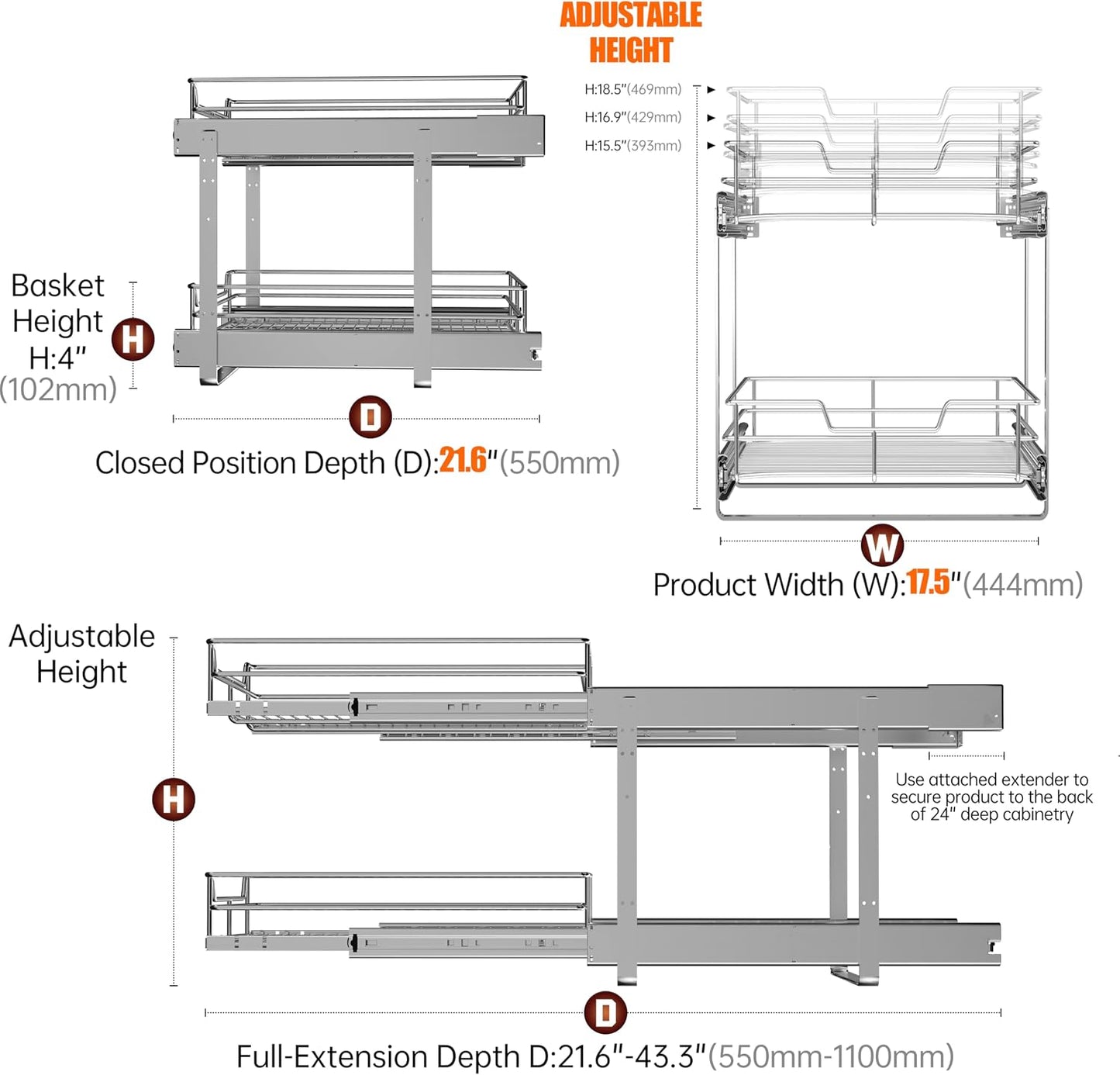 2-Tier Cabinet Pull Out Shelves, 14" W x 22" D, Chrome | Heavy-Gauge Wire Kitchen Cabinet Organizer, 100 lbs Capacity, Ball-Bearing Glides, Min 15" Opening, For Tupperware & Bowls