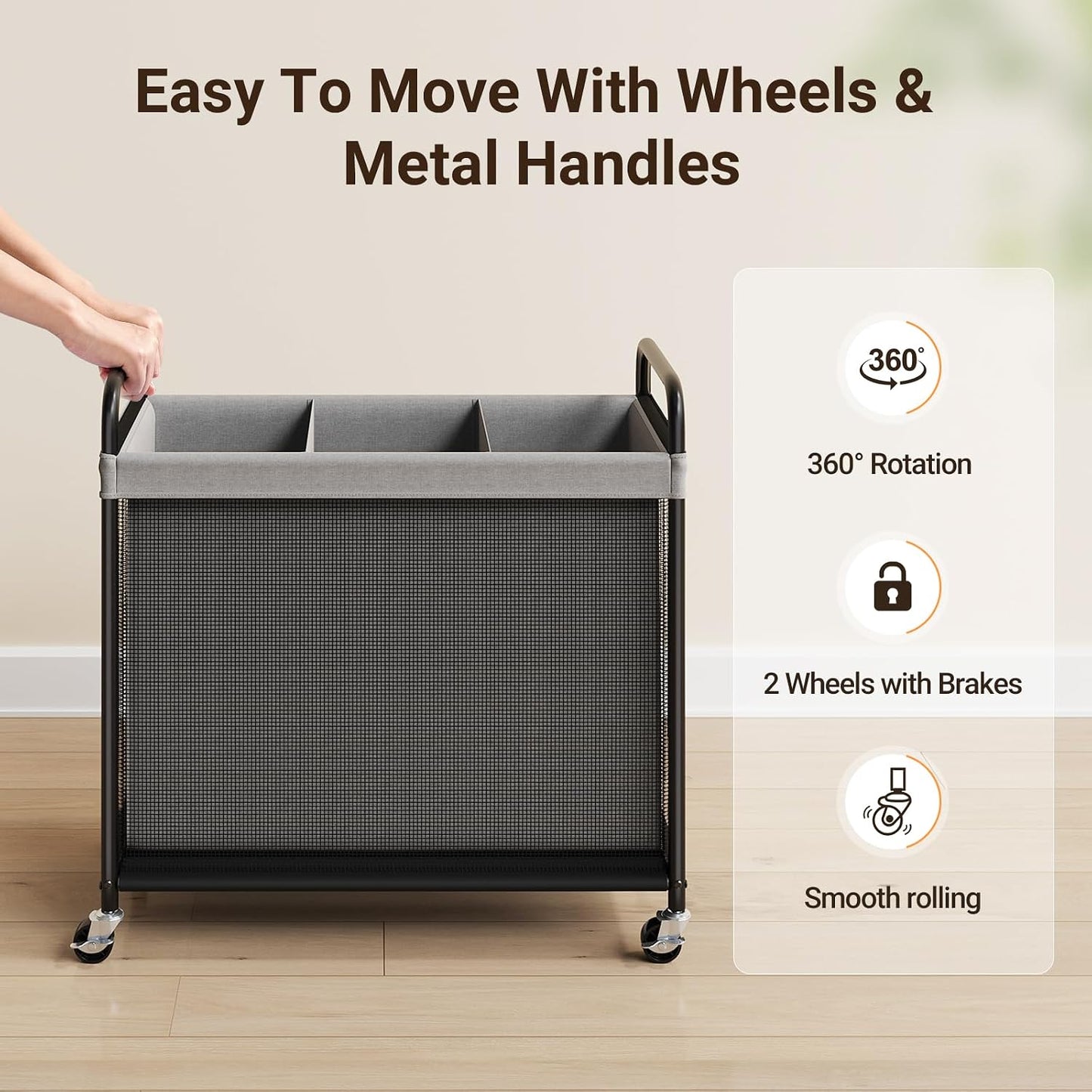 ELYKEN Laundry Hamper 2 Section, 100L Rolling Laundry Sorter with Wheels | Removable Washable Liner Bags, Sturdy Steel Frame and Metal Handle, Double Compartment Clothes Organizer for Laundry Sorting