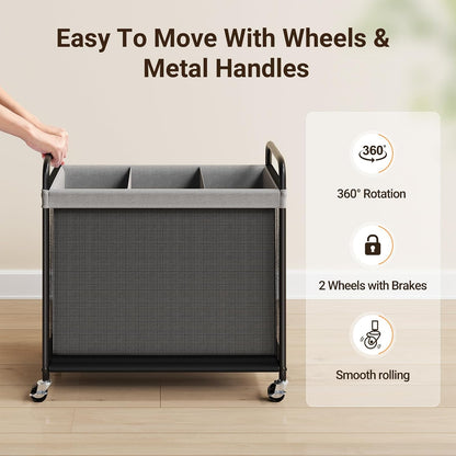 ELYKEN Laundry Hamper 2 Section, 100L Rolling Laundry Sorter with Wheels | Removable Washable Liner Bags, Sturdy Steel Frame and Metal Handle, Double Compartment Clothes Organizer for Laundry Sorting