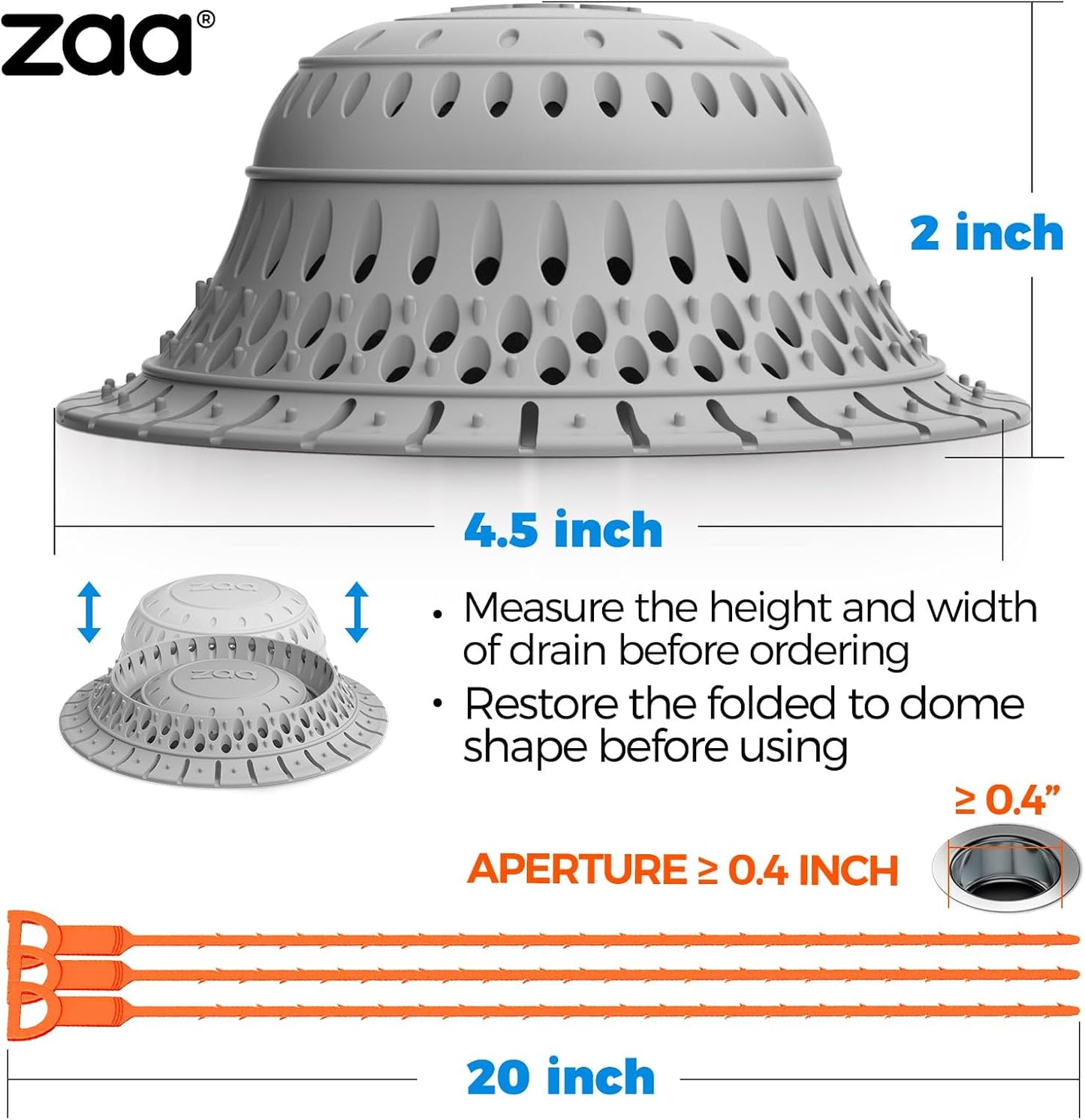 Bathtub Drain Strainer Silicone Bathroom Stopper Fixture Accessories | 2-Pack Gray Collapsible Shower Drain Hair Catcher for Pop Up Tubs, Traps Hair Before Clogs, Easy Clean for Bathroom Sinks