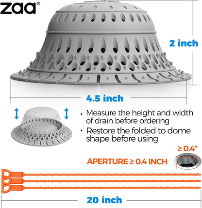 Bathtub Drain Strainer Silicone Bathroom Stopper Fixture Accessories | 2-Pack Gray Collapsible Shower Drain Hair Catcher for Pop Up Tubs, Traps Hair Before Clogs, Easy Clean for Bathroom Sinks