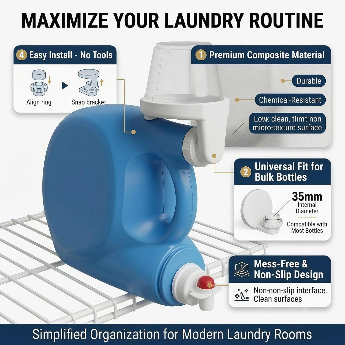 Laundry Detergent Cup Holder & Drip Catcher with Drain - Mess-Free Soap Dispenser Attachment - Fits Tide, Gain, Persil, Kirkland Bottles - Universal Laundry Room Organization (White, 1-Pack)